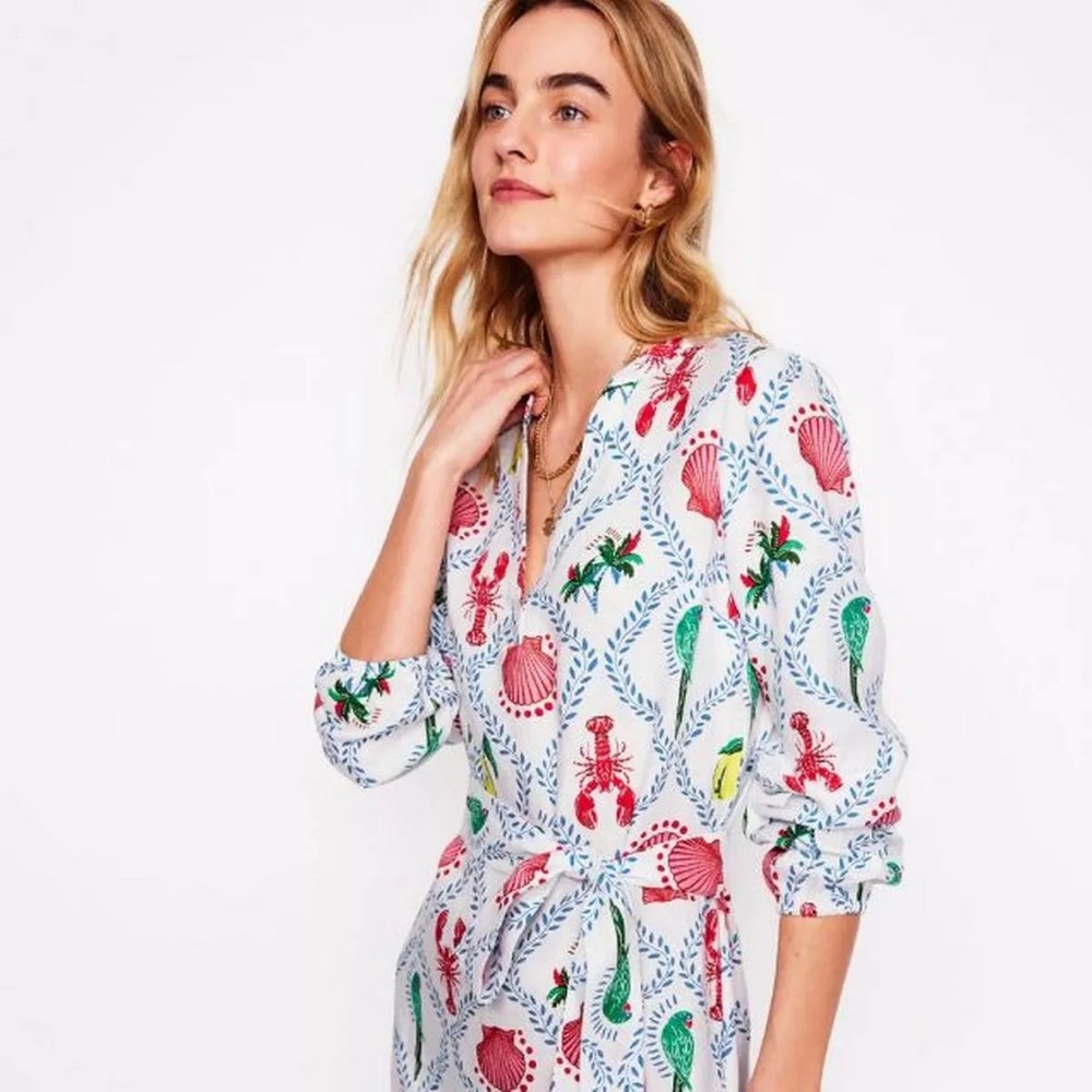 Boden Cleo Linen Dress in Tropical Bonanza Vine White Red Green Yellow Size 4 - Picture 2 of 15